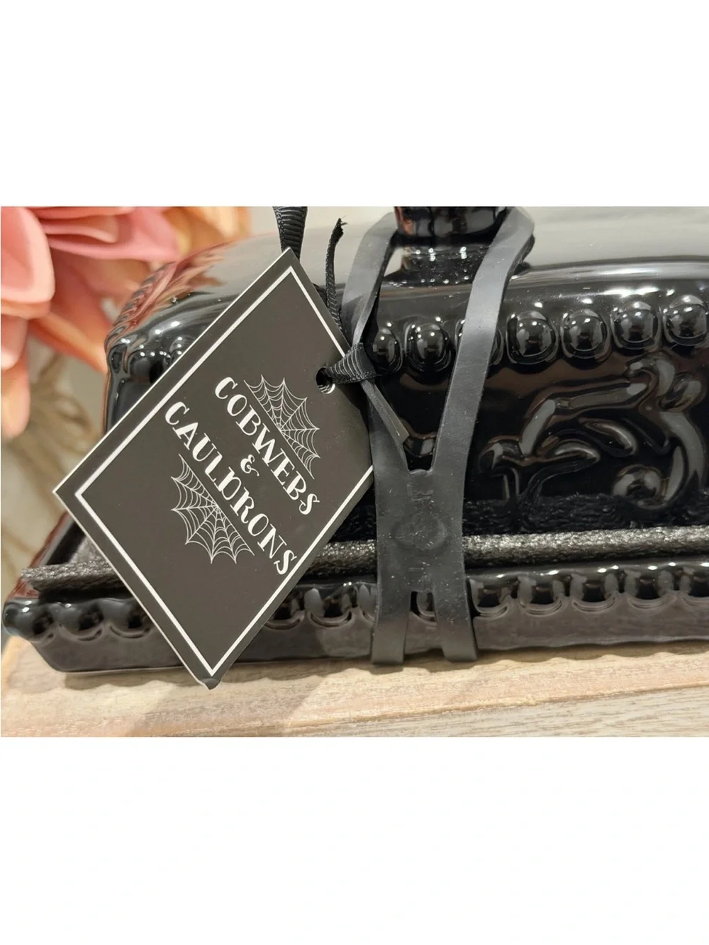 Cobwebs & Cauldron Halloween Skull Handle Covered Butter Dish, Black New
